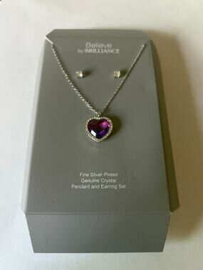 Believe by Brilliance Silver Plated Genuine Crystal Heart Necklace & Earring Set